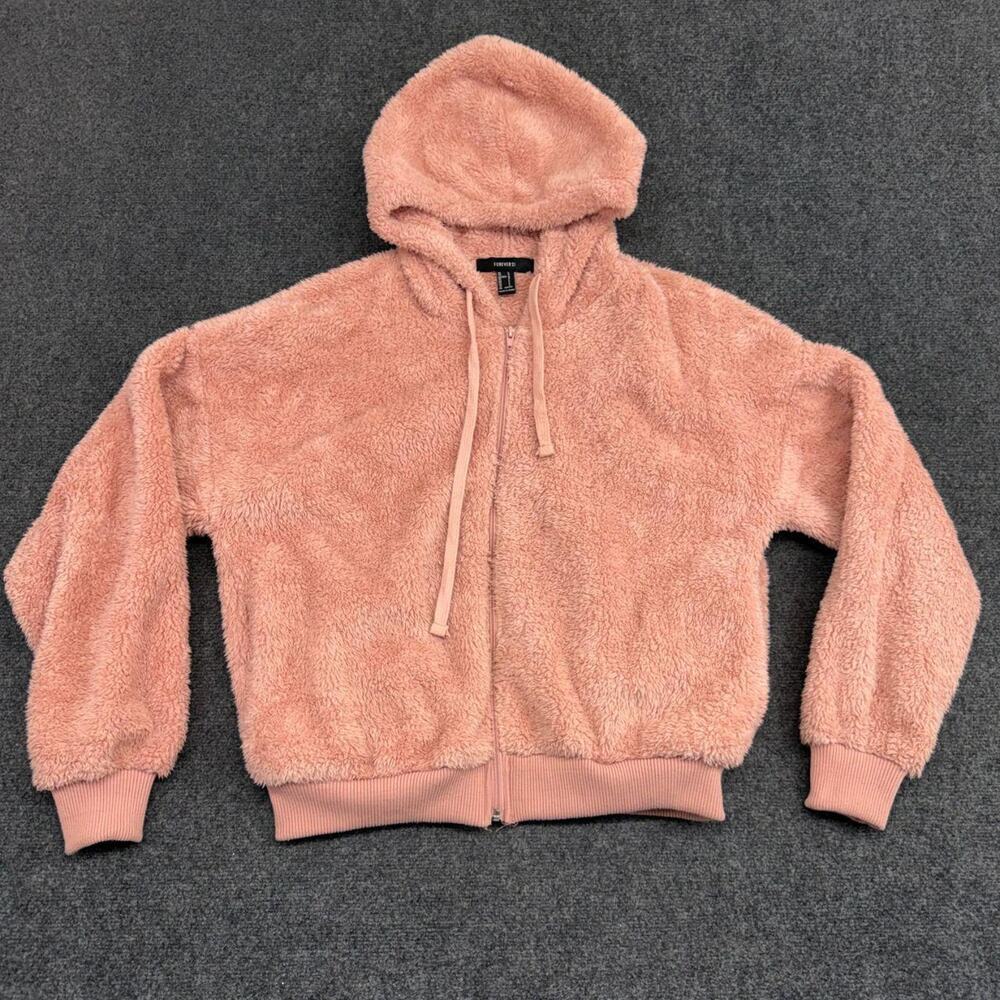 Forever 21 Hoodie Women's Large Pink Plush Jacket Fuzzy Full Zip Cozy Sweatshirt
